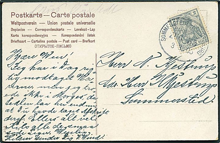 2 pfg. Germania single på lokalt brevkort med hånd-skrevet afsendelsessted Aus Oerstedt og annulleret med bureaustempel Sommerstedt - Schottburg Zug 55 d. 3.3.1906 til Sommerstedt. Afsendelsessted påskrevet i postbureauet for at markere berettigelse til lokalporto.