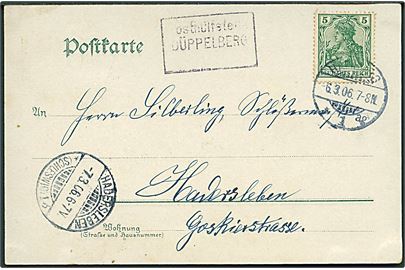 5 pfg. Germania på brevkort (Gruss aus Düppeler Schansen) annulleret i Hamburg d. 6.3.1906 til Hadersleben. Rammestempel: Posthülfstelle DÜPPELBERG uden dato. 