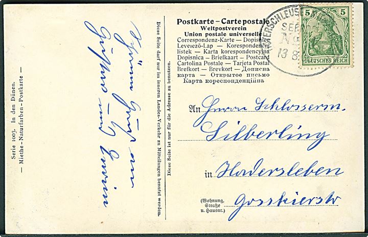 5 pfg. Germania på brevkort fra Westerland på Sylt med skibsstempel Hoyerschleuse - Munkmarsch Seepost No. 1 d. 13.8.1906 til Hadersleben.