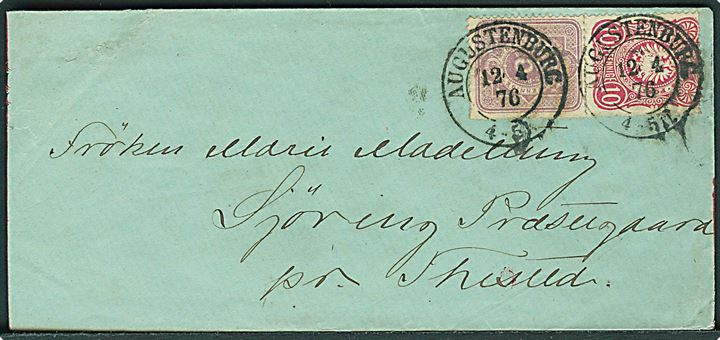 5 pfg. Ciffer og 10 pfg. Adler på 15 pfg. frankeret brev annulleret m. 2-ringsstempel Augustenburg d. 12.4.1876 til Sjørring Præstegaard pr. Thisted. Særtakst fra Hertug-dommerne til Danmark.