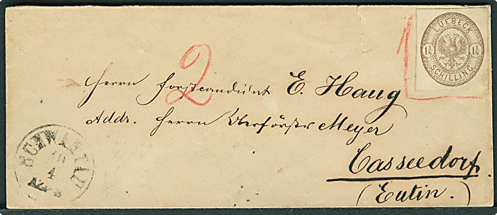Lübeck. 1 1/4 Sch. utakket markeret ugyldig på brev afsendt fra Holstein og stemplet Schwartau d. 10.4.1866 til Casseedorf pr. Eutin. Udtakseret i 2 sch. porto. Efter-anvendt dansk antiqua stempel. 