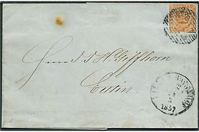 4 sk. 1854 udg. på brev annulleret med svagt oprørs-stempel “19” og sidestemplet Kieler Bahnhof d. 24.3. 1857 til Eutin. Uldne stempler. 