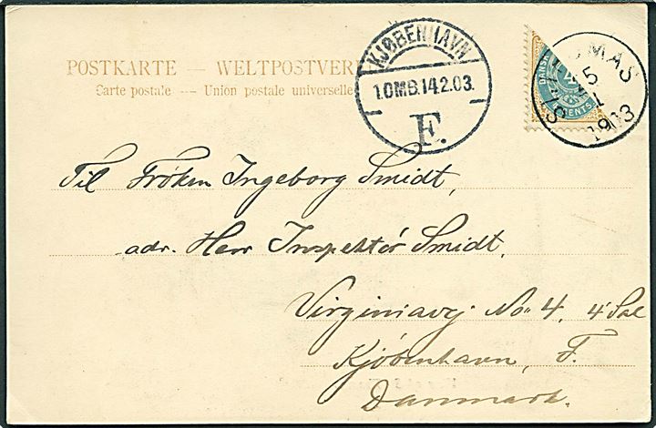 Halveret 4 cents på brevkort (View of St. Thomas) fra St. Thomas d. 25.1.1903 til Kjøbenhavn, Danmark. Ank.stemplet Kjøbenhavn d. 14.2.1903.