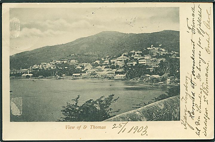 Halveret 4 cents på brevkort (View of St. Thomas) fra St. Thomas d. 25.1.1903 til Kjøbenhavn, Danmark. Ank.stemplet Kjøbenhavn d. 14.2.1903.