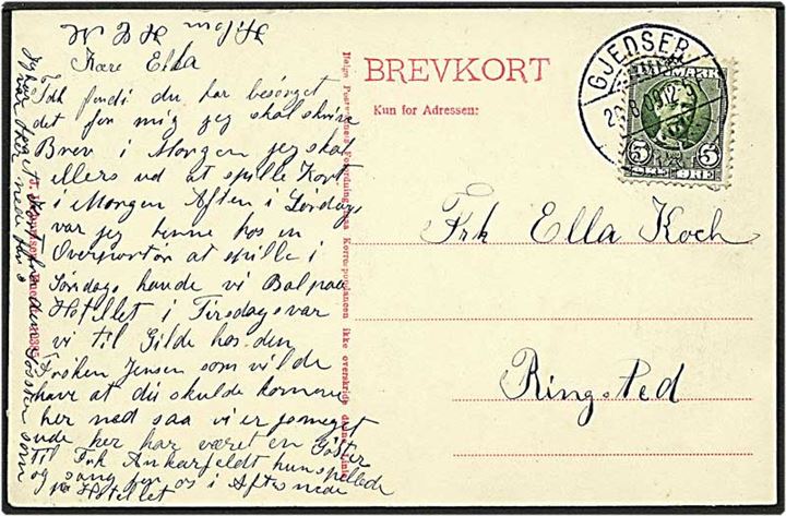 5 øre grøn Fr. VIII på postkort fra Gedser d. 20.8.1909 til Ringsted. Gjedser / Færgehal Ia brotypestempel. Sjældent stempel.