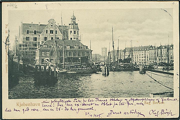 1 øre (par) og 5 øre Våben, samt 3 øre Tofarvet på brev-kort fra Olaf Bøgh i Kjøbenhavn d. 25.4.1905 via Korsør og St. Thomas d. 17.5.1905 til Postmesteren på St. Jan, Dansk Vestindien.