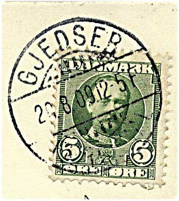 5 øre grøn Fr. VIII på postkort fra Gedser d. 20.8.1909 til Ringsted. Gjedser / Færgehal Ia brotypestempel. Sjældent stempel.