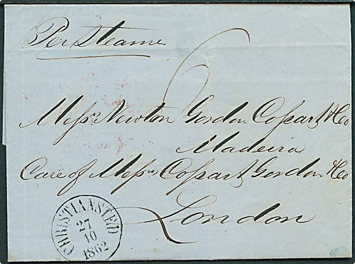 1862. Francobrev fra Christiansted d. 27.10.1867 via St. Thomas d. 28.10.1867 og britisk postkontor St. Thomas d. 29.10.1867 til London. Herfra befordret med privat skib til Madeira. Påskrevet: Per Steamer. Fuldt indhold.