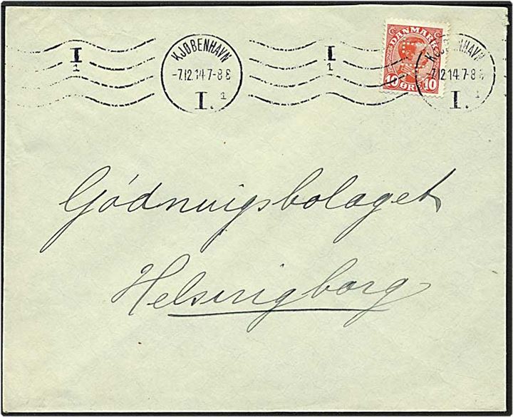 10 øre rød Chr. X på brev fra København d. 7.12.1914 til Helsingborg, Sverige. Mærket med perfin T18 - Theo. Kliatschko.
