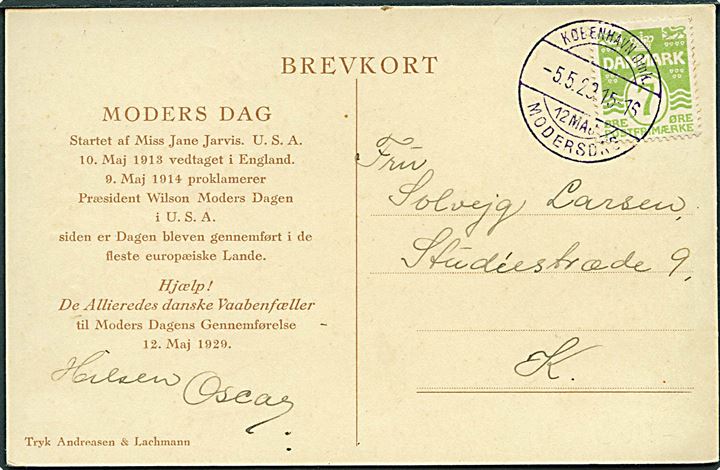 7 øre Bølgelinie på lokalt brevkort (Thor Bøgelund: Moders Dag) med violet særstempel København Omk. / 12 Maj / Modersdag d. 5.5.1929 til København.