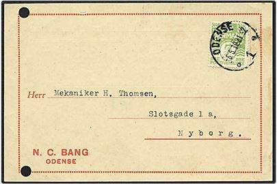 7 øre lysegrøn bølgelinie på kort fra Odense d. 6.8.1930 til Nyborg. Mærket med perfin N15 - N.C. Bang.