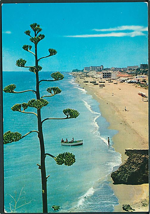 Spansk 2,30 Pts. og dansk Julemærke 1964 i parstykke på brevkort fra Costa del Sol til Hellerup, Danmark. Eftersendt fra Hellerup d. 26.12.1964 til Gentofte.