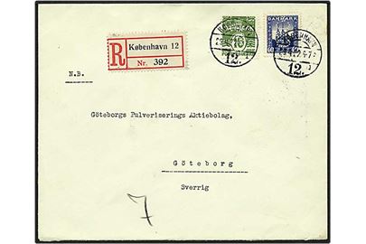 40 øre blå Roskilde domkirke og 10 øre grøn bølgelinie på brev fra København d. 14.6.1922 til Göteborg, Sverige. Mærket med perfin G12 - Gosch.