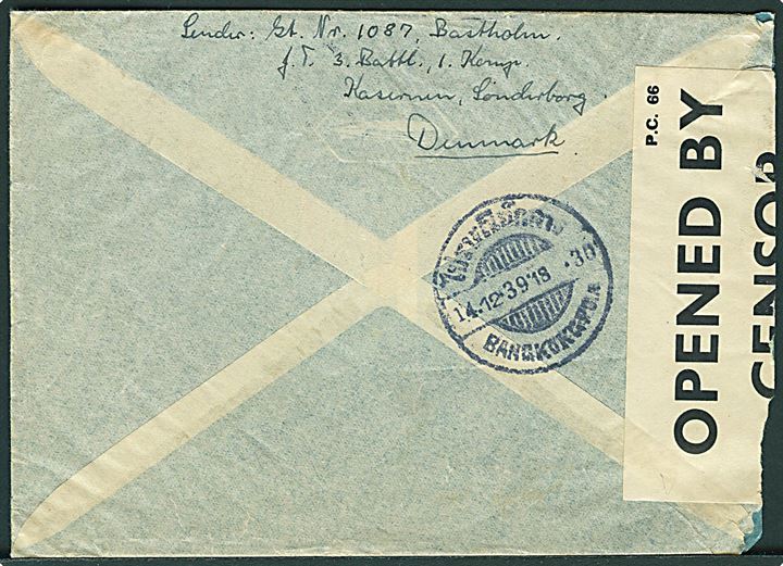 30 øre Karavel i 3-stribe på luftpostbrev fra Sønderborg d. 2.12.1939 til Bangkok, Siam. Åbnet af tidlig britisk censur PC66/398. Ank.stemplet Bangkok d. 14.12.1939.