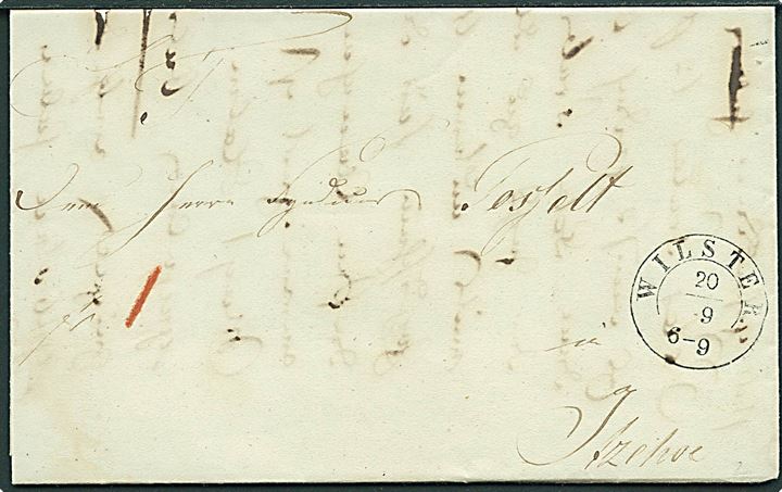1851. Portobrev med 1½-ringsstempel Wilster d. 20.9. 1851 til Itzehoe. Påskrevet “1” med rødkridt.