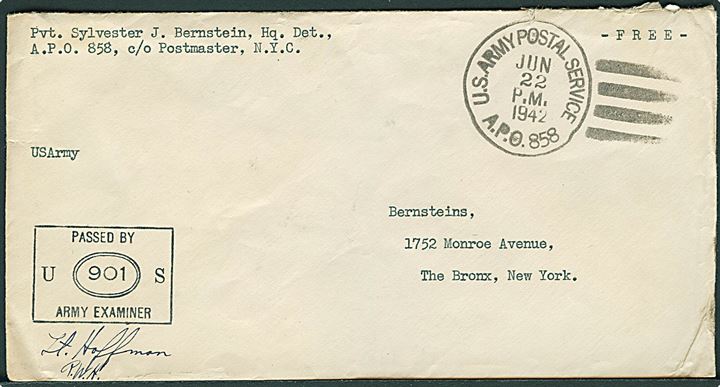 Ufrankeret amerikansk feltpostbrev stemplet U. S. Army Postal Service A.P.O. 858 (= Narssarssuaq) d. 22.6.1942 til New York, USA. Fra menig ved Hq. Det. APO 858. Unit censor #901.