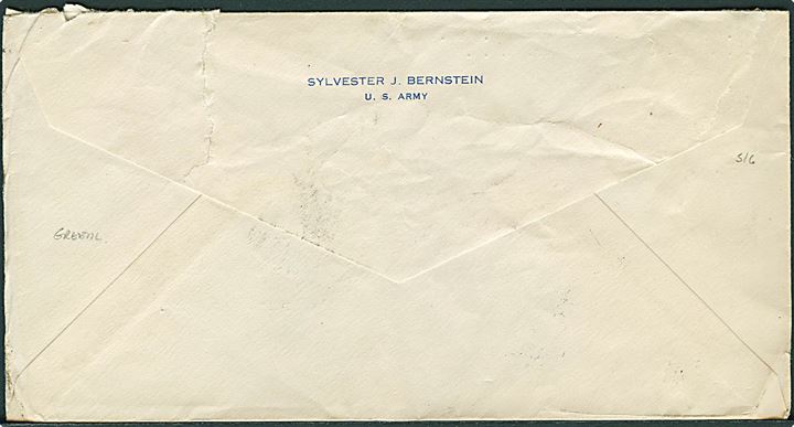 Ufrankeret amerikansk feltpostbrev stemplet U. S. Army Postal Service A.P.O. 858 (= Narssarssuaq) d. 22.6.1942 til New York, USA. Fra menig ved Hq. Det. APO 858. Unit censor #901.