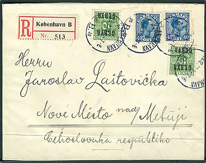 40 øre Chr. X (2) og 10 øre Gebyr-provisorium (2) på anbefalet brev fra Kjøbenhavn B. d. 28.12.1924 til Nové Mesto nad Metují, Tjekkoslovakiet. Vandret fold.