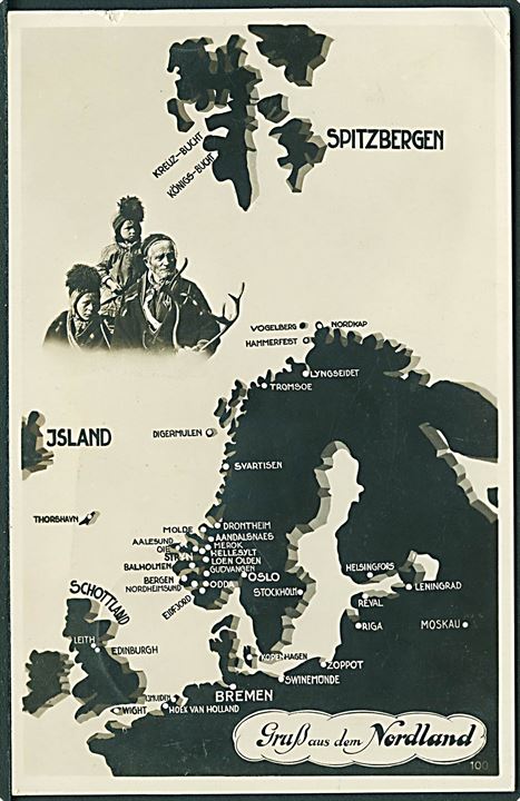 Tysk 15 pfg. Hindenburg på brevkort (Gruss aus den Nordland) annulleret med Deutsche Seepost Polarfahrt  d. x.7.1933 og sidestemplet med islandske skibsstemplet Paquebot og Skipsbrejf til Bremerhaven. Fra NDL S/S “General von Steuben” på polartogt til Island/Svalbard.