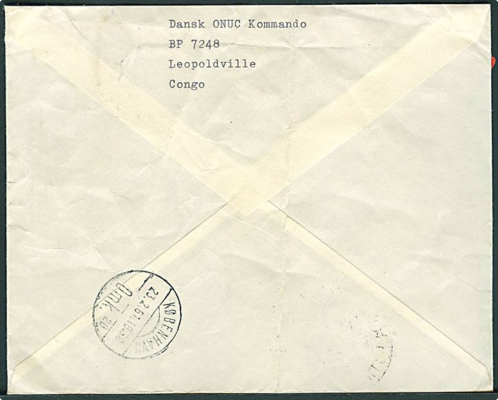 Belgisk Congo 3 Fr., samt Congo 2 Fr. (2) og 10 Fr. på fortrykt kuvert fra Organsiation des Nations Unies au Congo sendt som ekspresbrev påskrevet “Duty Mail/Air Mail” fra Dansk ONUC Kommando i Leopoldville d. 17.2.1961 til Holte, Danmark.  Fold.
