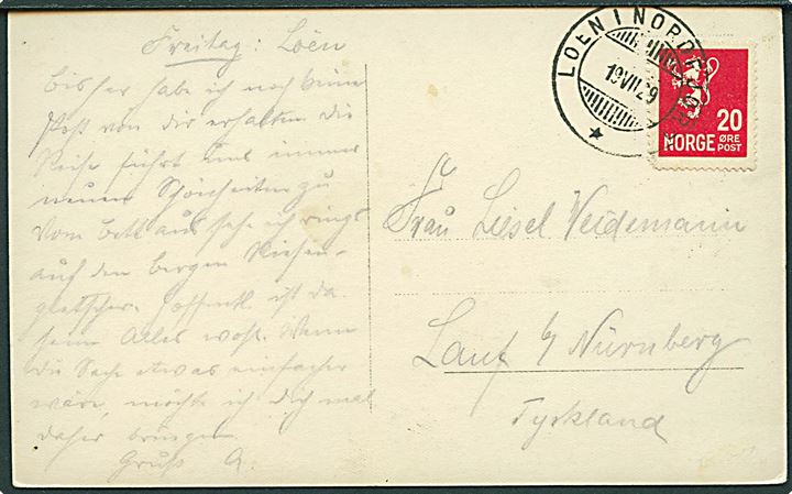 20 øre Løve på brevkort annulleret med reservestempel Loen i Nordfjord d. 19.7.1929 til Lauf bei Nürnberg, Tyskland. 