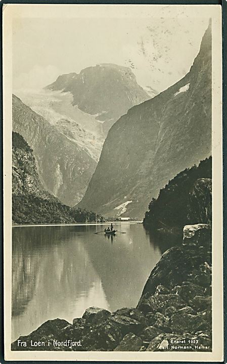 20 øre Løve på brevkort annulleret med reservestempel Loen i Nordfjord d. 19.7.1929 til Lauf bei Nürnberg, Tyskland. 