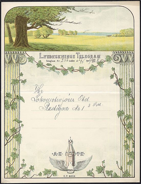 Kjøbenhavns Telefon Kiosker. Lykønsknings Telegram dateret d. 27.5.1904. Tegnet af Christian Frederik Beck (1876-1954).