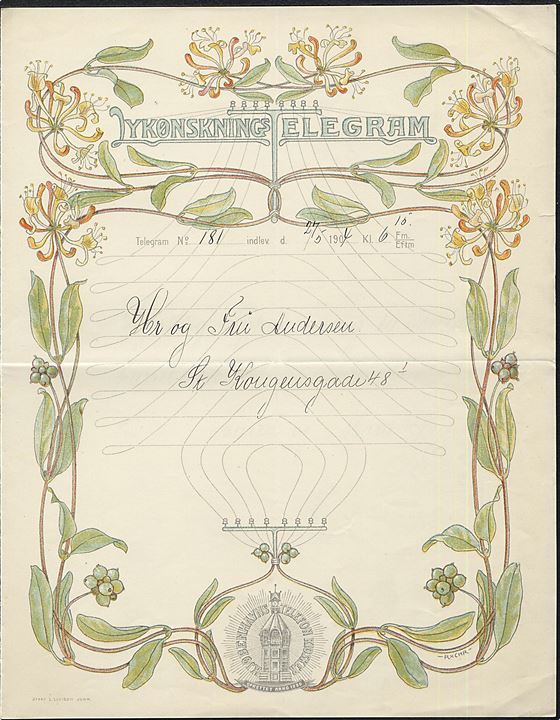 Kjøbenhavns Telefon Kiosker. Lykønsknings Telegram dateret d. 27.5.1904. Tegnet af Rasmus Christiansen med signatur “RxChr”. Udgivet af L. Levison Junr. no. 27467.