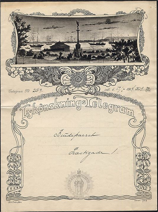 Kjøbenhavns Telefon Kiosker. Lykønsknings Telegram dateret d. 27.5.1904. Tegnet af S. Clod-Svendsen 1903.