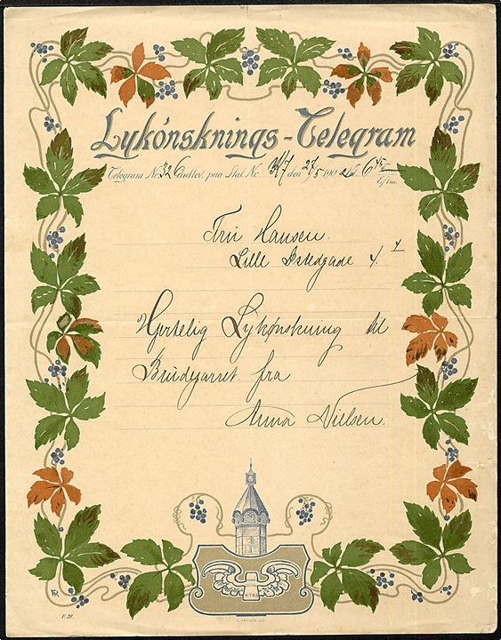 Kjøbenhavns Telefon Kiosker. Lykønsknings Telegram dateret d. 27.5.1904. Tegnet af Fritz Kraul med signatur “FK”. Formular F.28. Rift og skader i højre side.
