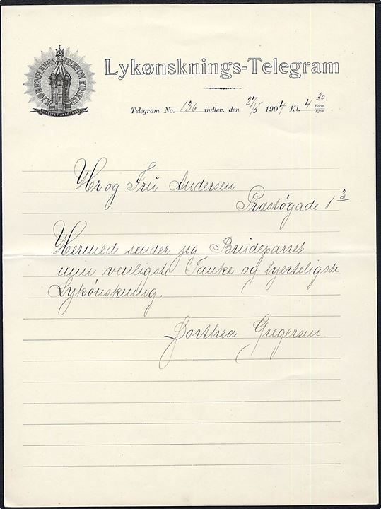Kjøbenhavns Telefon Kiosker. Lykønsknings Telegram dateret d. 27.5.1904.