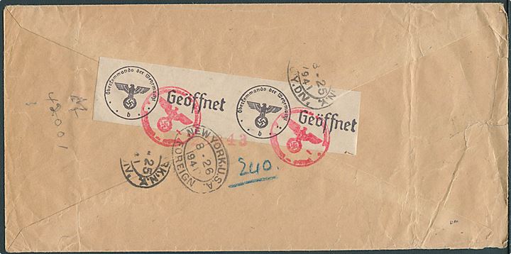 Ufrankeret postsag sendt anbefalet fra Olso d. 25.7.1941 via New York d. 26.8.1941 til Reykjavik, Island. Åbnet af tysk censur i Berlin og tilbageholdt af britisk prise-ret med påskrevet nr. LL42001 på bagsiden.