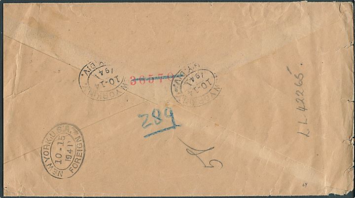 Ufrankeret postsag fra Oslo d. 4.9.1941 via New York d. 14.10.1941 til Reykjavik, Island. Passér stemplet “Ab” ved den tyske censur i Berlin og tilbageholdt af britisk prise-ret med påskrevet nr. LL42265 på bagsiden. Afkortet i højre side.