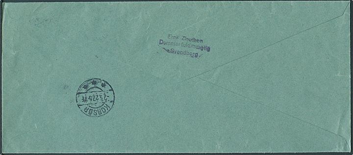 10 øre Bølgelinie og 15 øre Karavel i parstykke på 40 øre frankeret aflang anbefalet brev fra Svendborg d. 6.5.1927 via Kosør til Internatet på Sprogø. 