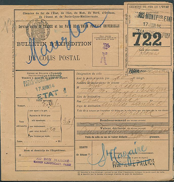 Fransk internationalt adressekort for pakke fra Paris d. 17.6.1914 via St. Nazaire til St. Thomas, Dansk Vest-indien. Ank.stemplet St. Thomas d. 24.7.1914.