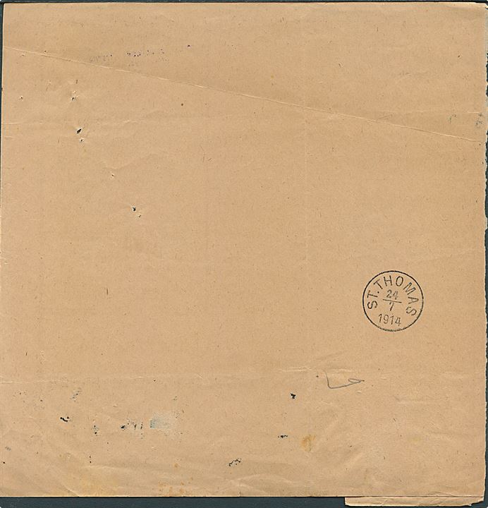 Fransk internationalt adressekort for pakke fra Paris d. 17.6.1914 via St. Nazaire til St. Thomas, Dansk Vest-indien. Ank.stemplet St. Thomas d. 24.7.1914.