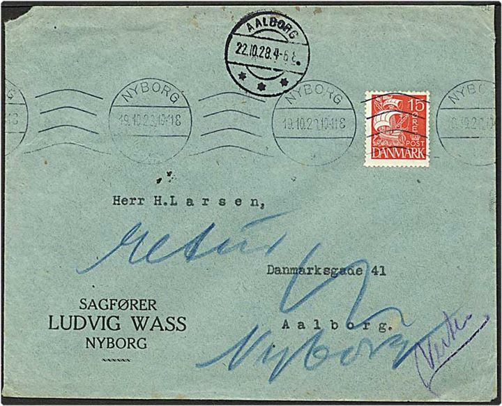 15 øre rød karavel på brev fra Nyborg d. 19.10.1929 til Aalborg. Opråbt blandt budene og returneret.