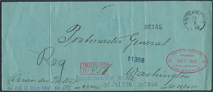 Ufrankeret anbefalet postsag fra Frederiksted d. 26.5. 1910 via New York til Postmaster General i Washington, USA. Flere stempler og påtegninger. Fold.