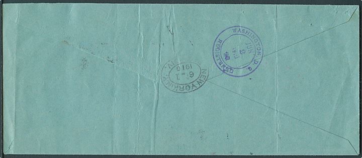 Ufrankeret anbefalet postsag fra Frederiksted d. 26.5. 1910 via New York til Postmaster General i Washington, USA. Flere stempler og påtegninger. Fold.
