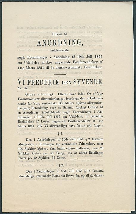 Anordning vedr. forandringer af Lov angaaende Post-forsendelser til de dansk-vestindiske Besiddelser dateret Skodsborg d. 30.8.1861, samt udkast til samme.