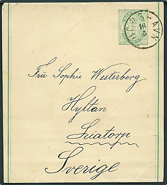 5 øre helsagskorsbånd annulleret med lapidar Thorshavn d. 16.5.1889 via København med stempel K.OMB.3 d. 24.5.1889 til Liatorp, Sverige. Ikke registreret af Vagn Jensen.