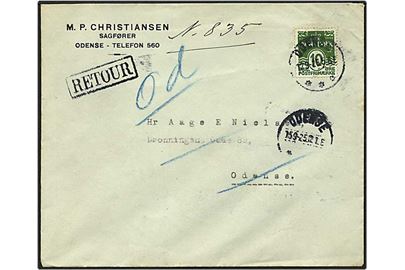 10 øre grøn bølgelinie på lokalt sendt brev fra Odense d. 12.9.1925. Brevet er returneret.