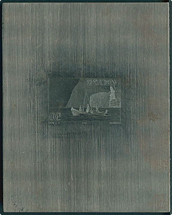 Graveret metalplade med udkast til ikke udgivet 90 øre Fiskeri udgave ca. 1975. Plade 8x10 cm og graveret mærke 2x3½ cm. 