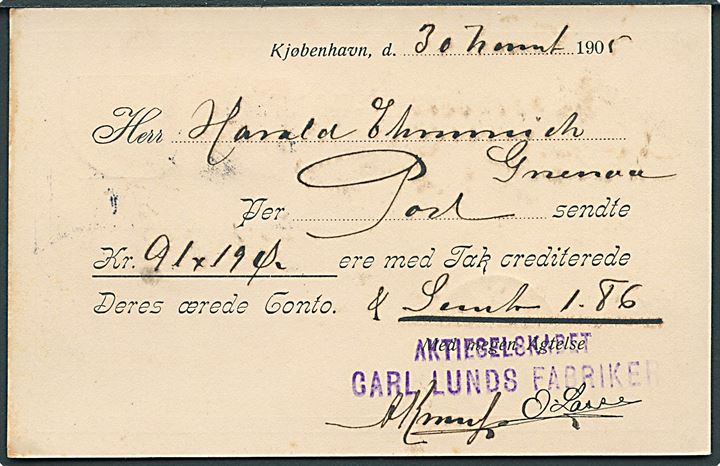 5 øre Våben helsagsbrevkort med Julemærke 1905 fra Kjøbenhavn d. 7.12.1905 til Grenaa. På bagsiden tiltryk fra firma: Aktieselskabet Carl Lunds Fabriker.