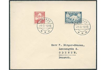 20 øre Chr. X og 40 øre Isbjørn på uofficiel FDC fra Umanak d. 1.8.1946 til Odense, Danmark. AFA: 7000,-