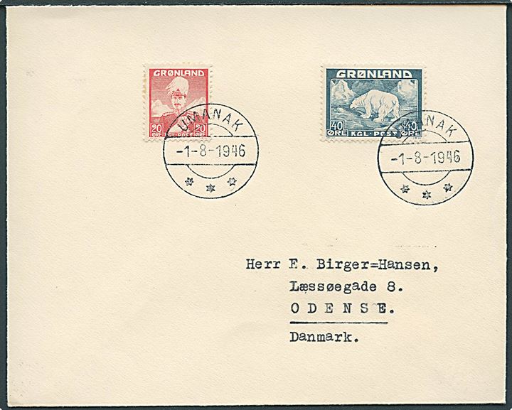 20 øre Chr. X og 40 øre Isbjørn på uofficiel FDC fra Umanak d. 1.8.1946 til Odense, Danmark. AFA: 7000,-