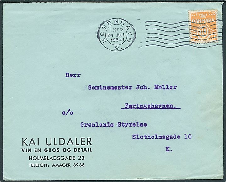 10 øre Bølgelinie på lokalporto brev fra København d. 24.7.1934 til Søminemester Joh. Møller, Færingehavnen c/o Grønlands Styrelse. Møller var tidligere fører af motorbåden “Ring II” under ekspeditioner i 1920’erne.