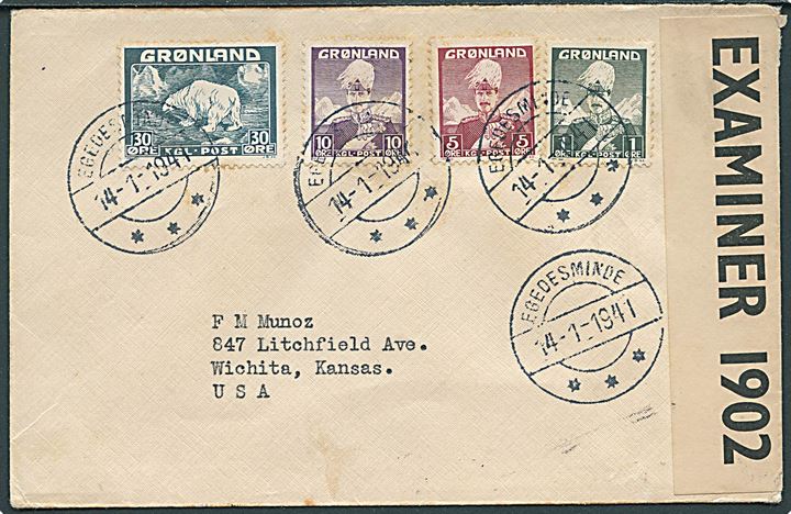 1 øre, 5 øre, 10 øre Chr. X og 30 øre Isbjørn på brev fra Egedesminde d. 14.1.1941 til Wichita, USA. Åbnet af britisk censur PC90/1902. 