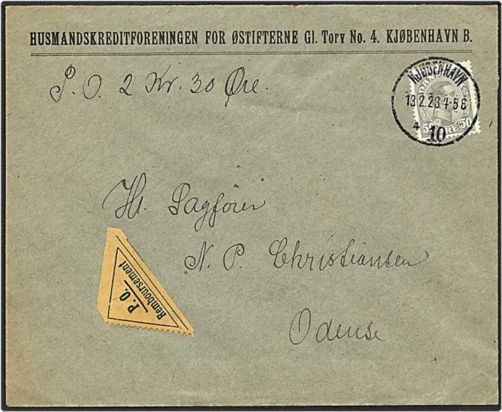 50 øre olivgrå Chr. X singelfrankatur på postopkrævning fra København d. 13.2.1923 til Odense.