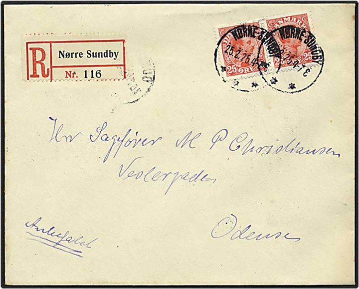 25 øre rød Chr. X på Rec. brev fra Nørre Sundby d. 25.2.1925 til Odense.